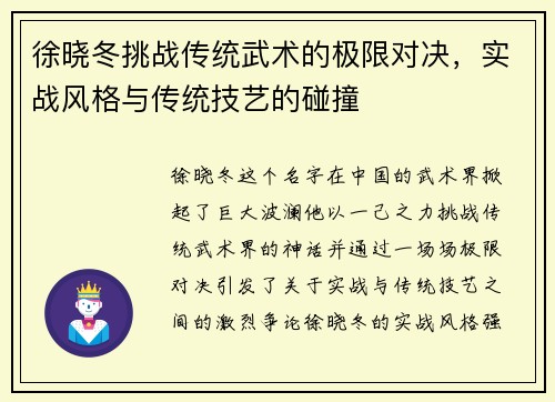 徐晓冬挑战传统武术的极限对决，实战风格与传统技艺的碰撞