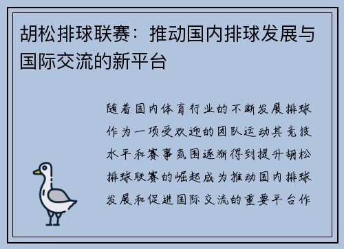 胡松排球联赛：推动国内排球发展与国际交流的新平台
