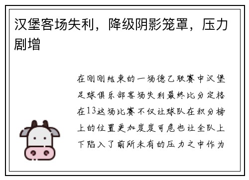 汉堡客场失利，降级阴影笼罩，压力剧增