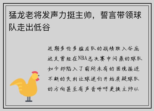 猛龙老将发声力挺主帅，誓言带领球队走出低谷